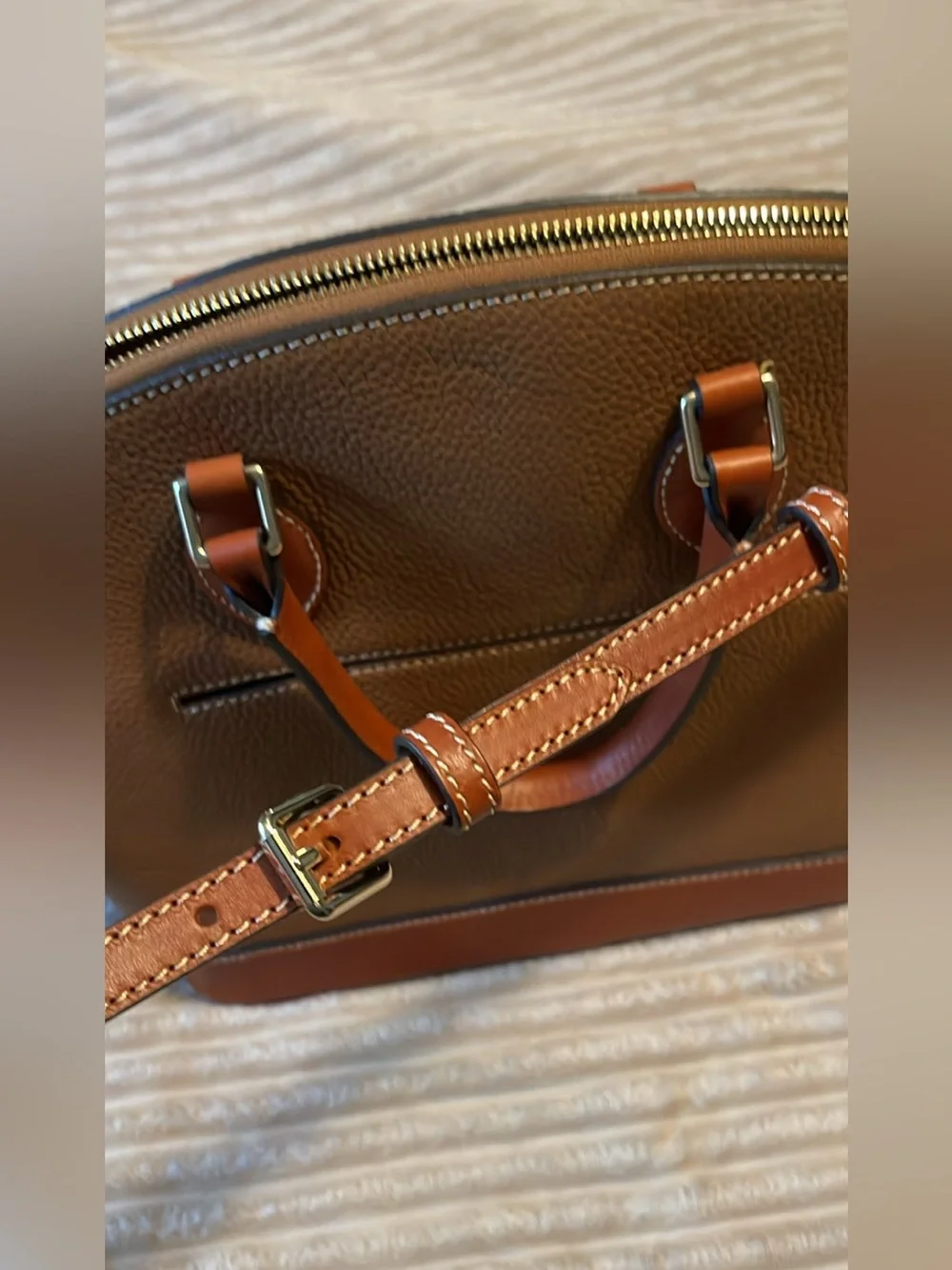 Dooney & Bourke Pebble Leather Tote in Brown and Chestnut Trim